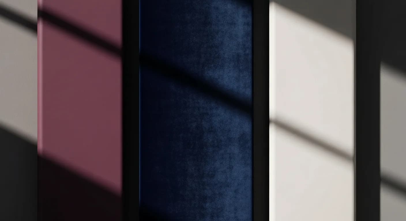 Trois panneaux de mur peints en finitions matte, velours et satin, lumiere rasante.