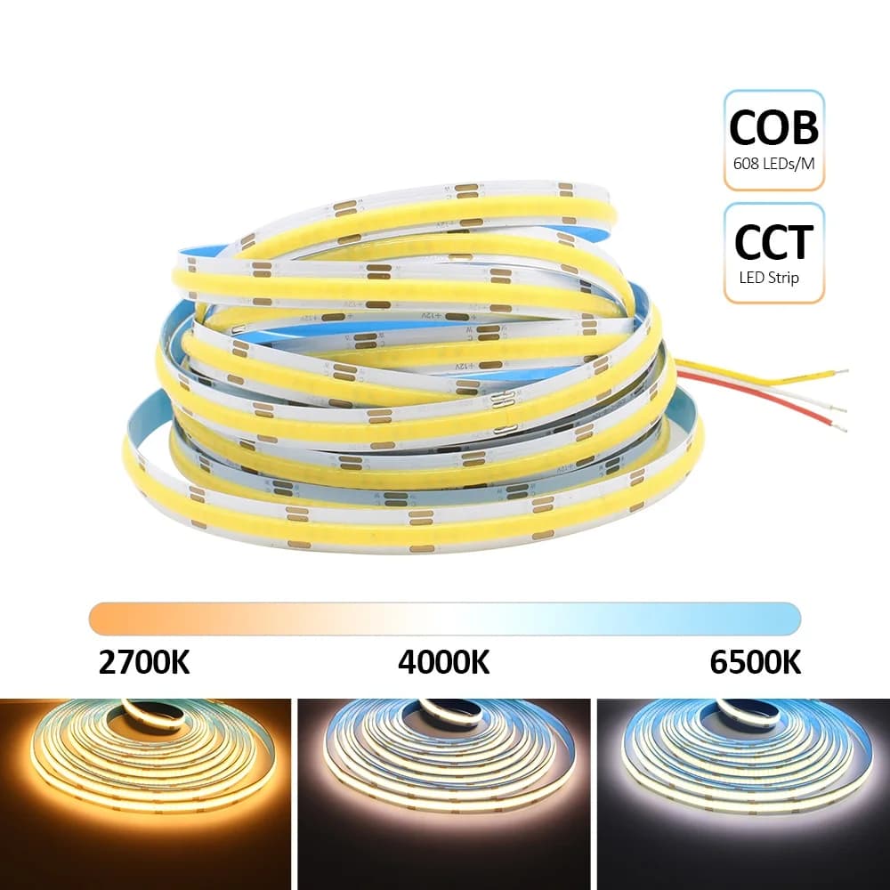 Bande LED COB CCT 5M 12V 24V DC 608LED s FCOB lumière LED variable double couleur blanche 10MM PCB b