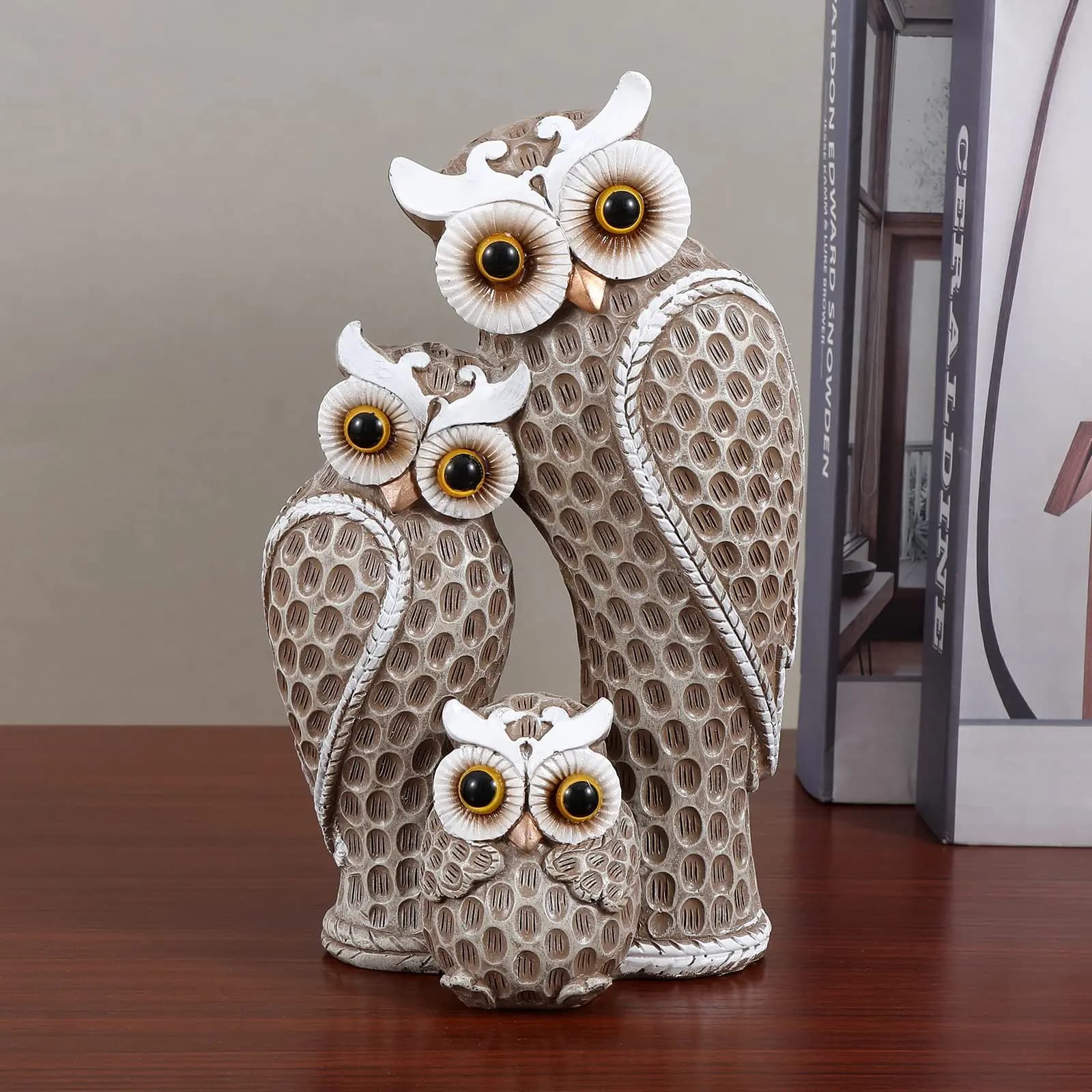 Famille de trois statues de hibou mignonnes, décoration de maison, statues de hibou sur étagères, dé