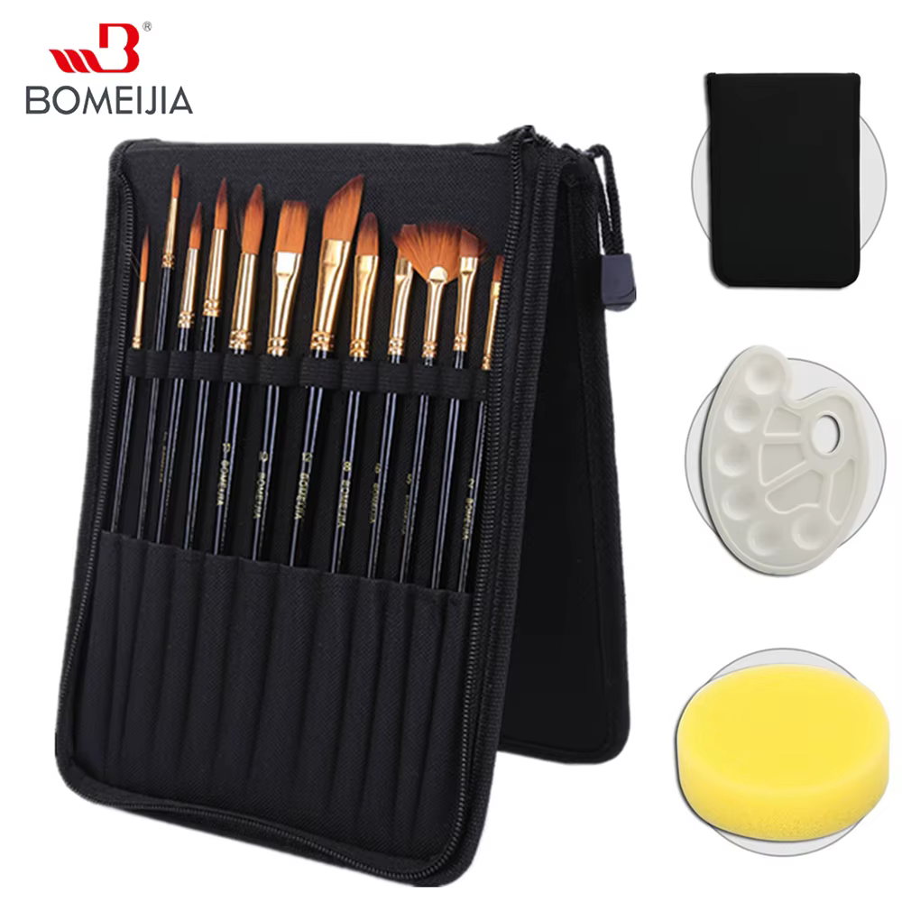 Ensemble de pinceaux et Palette avec 12 pinceaux et sac en toile pour aquarelle, peinture acrylique 