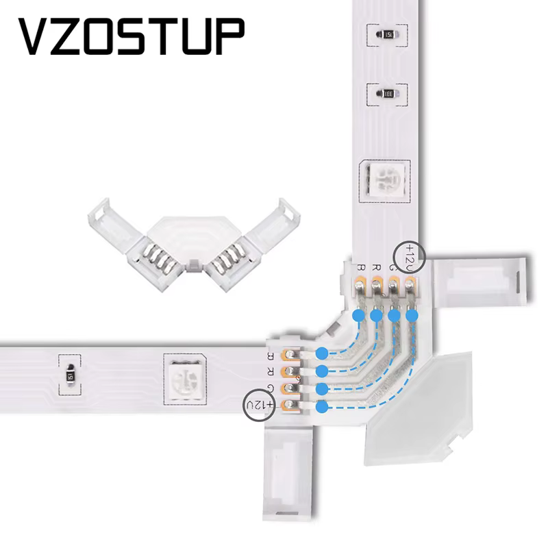 Connecteur d'angle LED RGB, 10mm, 4 broches, en forme de L, bande lumineuse LED IP20, sans soudure, 