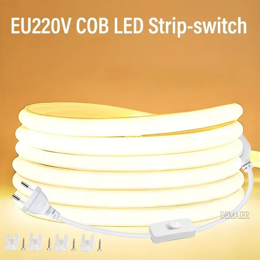 Bande lumineuse LED COB 110V 220V, Super lumineuse, 360 diodes/m, étanche, avec interrupteur d'alime
