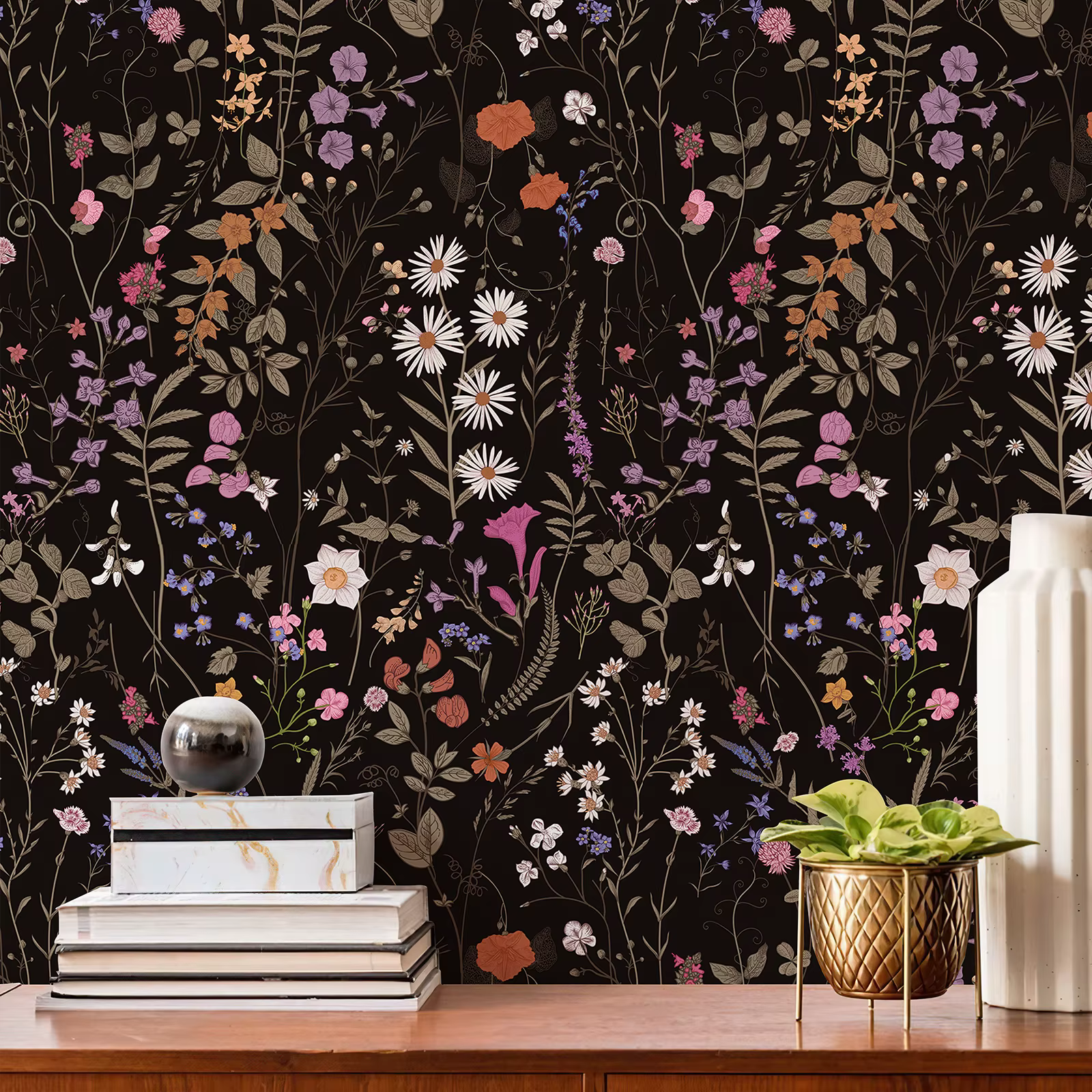 1 rouleau 44 cm x 300 cm noir floraison fleur PVC papier peint Morden imperméable vinyle salon burea