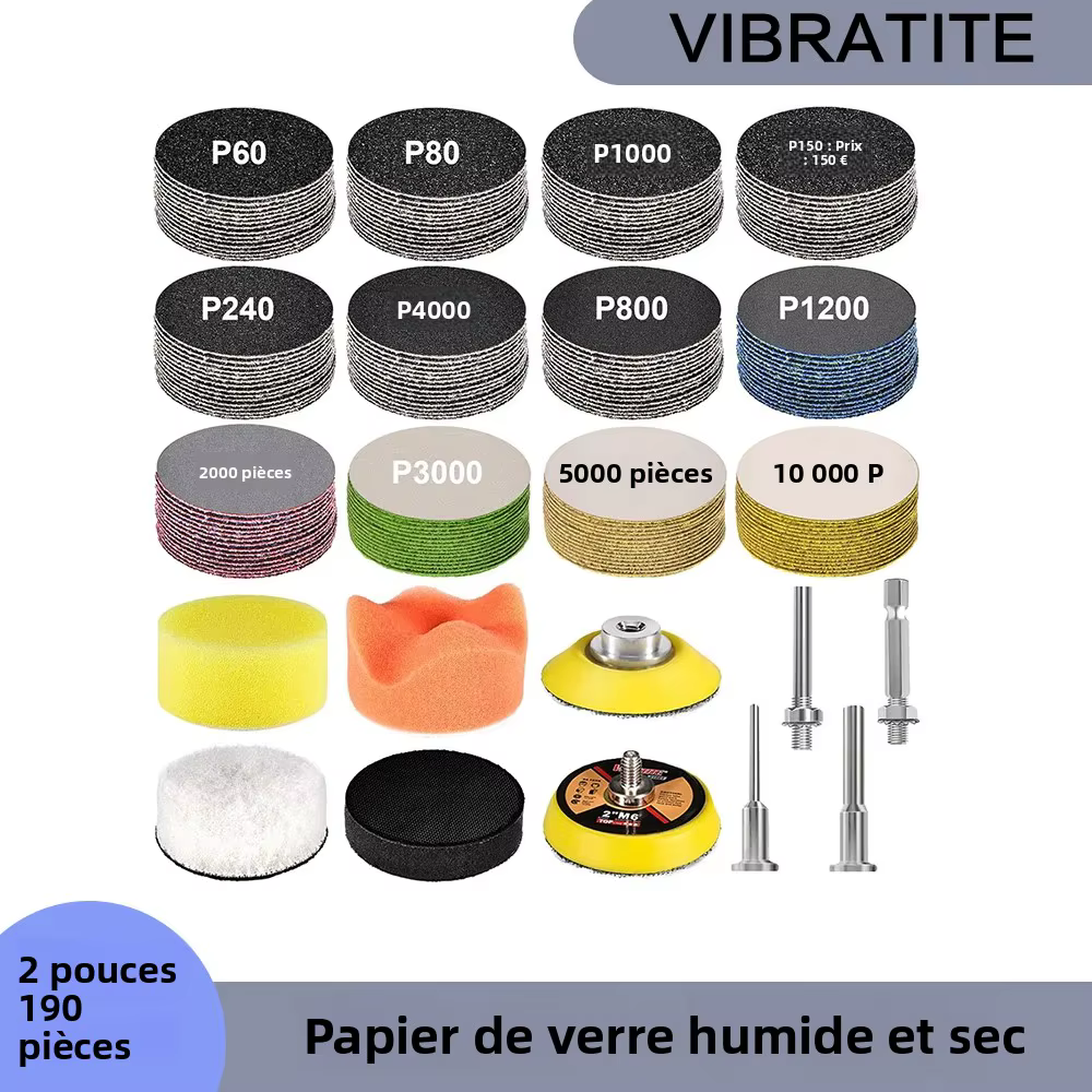 Disque de ponçage à crochet et boucle de 2 pouces, 190 pièces assorties de papier de verre sec et hu