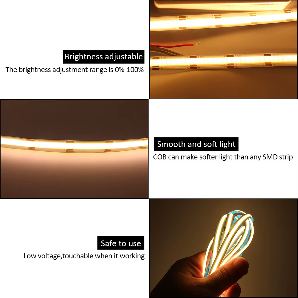 Bande LED COB CCT 5M 12V 24V DC 608LED s FCOB lumière LED variable double couleur blanche 10MM PCB b
