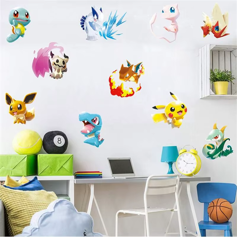 Autocollant Mural 3D Pikachu de Dessin Animé, Décoration pour Chambre d'Enfant, Salon, Affiche de Fi
