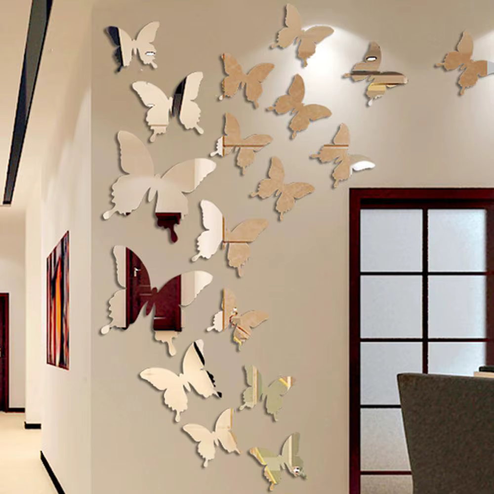Autocollant mural miroir papillon 3D, 12 pièces/lot, décalcomanie, art parfait, décoration de mariag