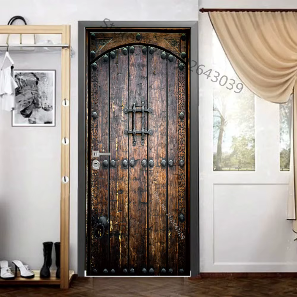 Autocollant de portes en bois d'imitation, autocollants de porte rétro en bois 3D, Art Mural, décor