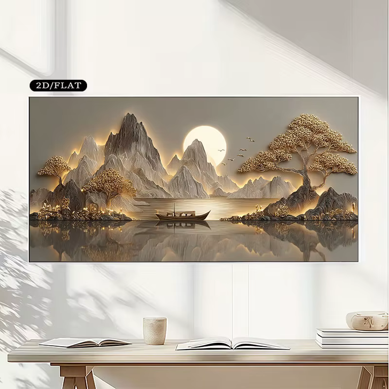 Toile texturée sans cadre 2D plate, grande taille, 1 pièce, art mural, paysage doré serein sans cadr