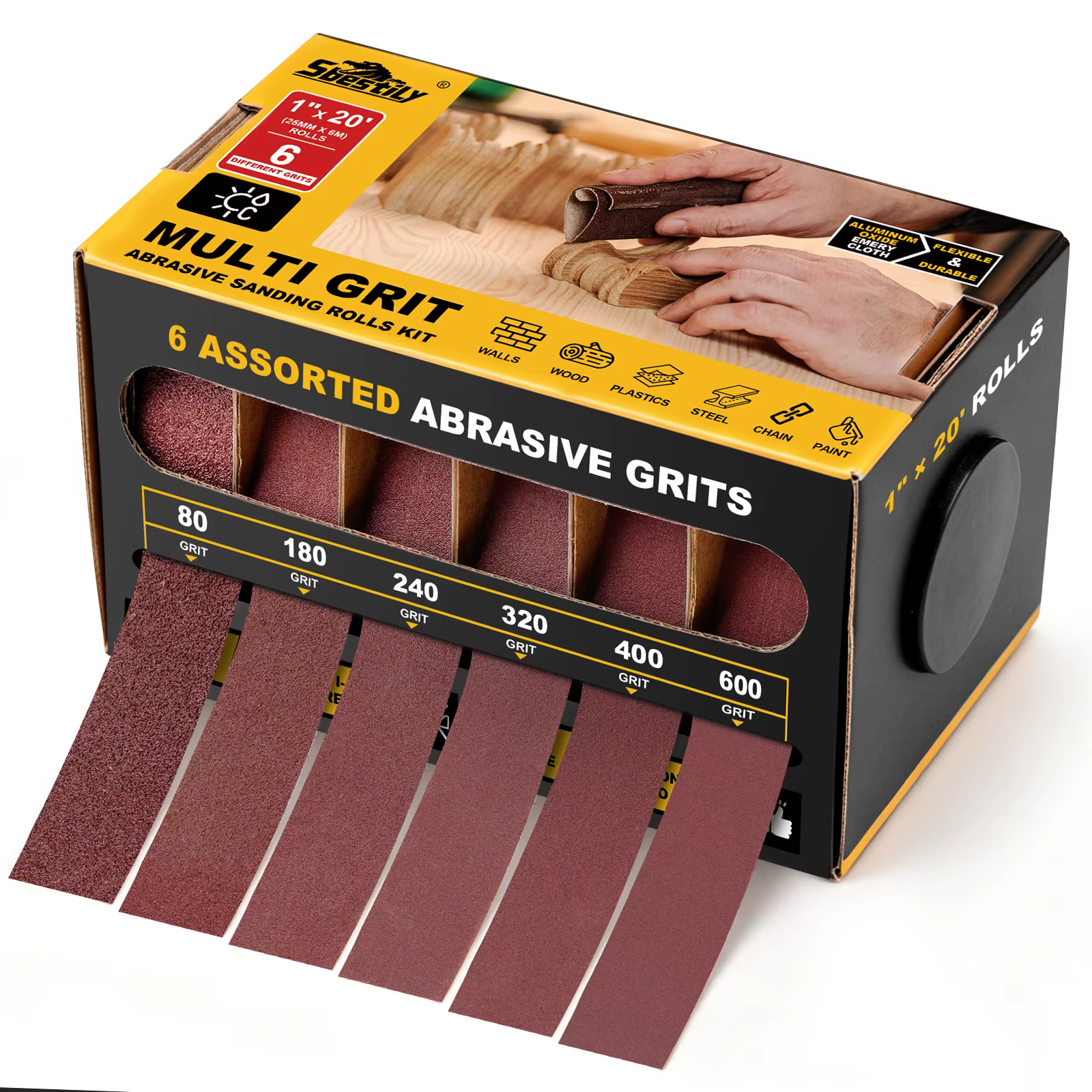 Rouleau de papier abrasif en distributeur, 6 rouleaux de papier abrasif de différentes granulométrie