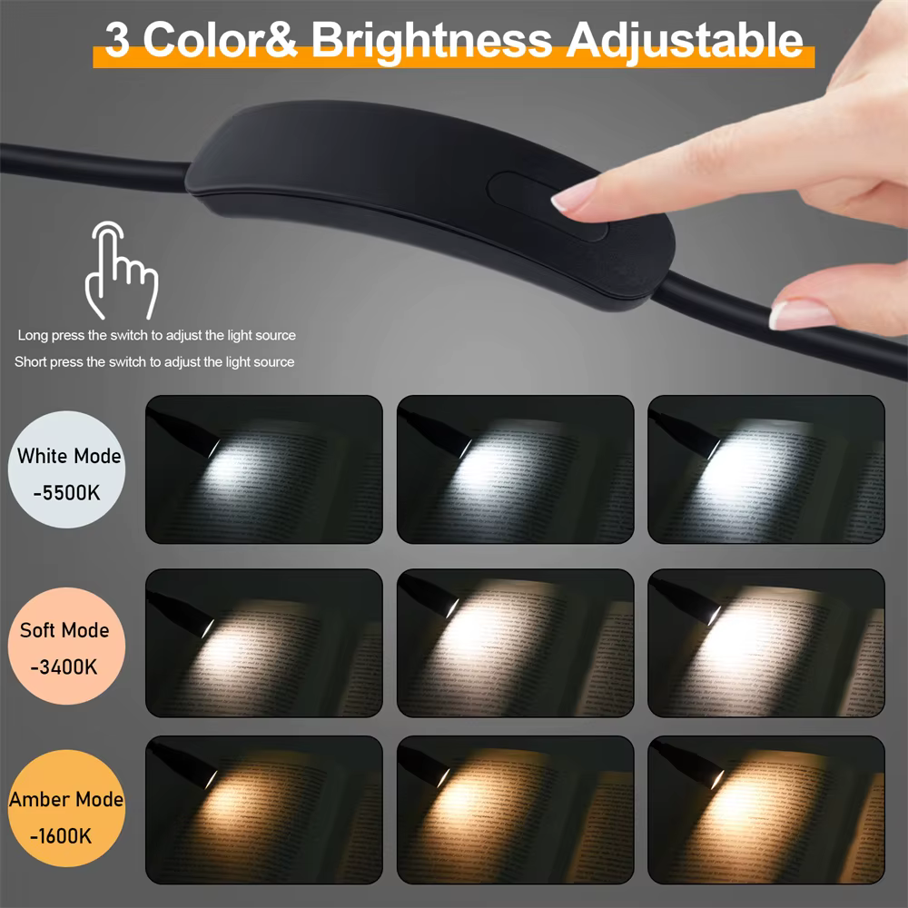 Lampe de lecture LED rechargeable par USB 360 ° Lampe de lecture à bras Flexible, lampe de cou pou