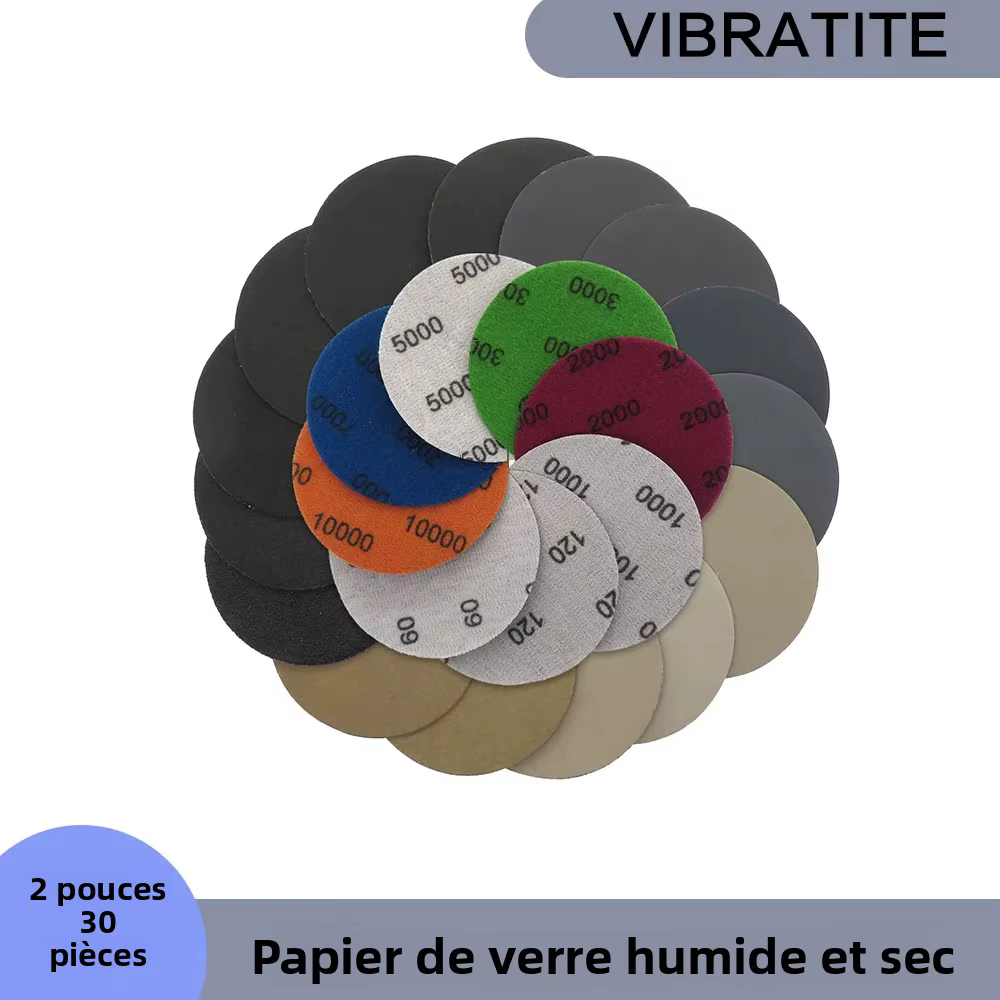Disques abrasifs humides et secs de 2 pouces, papier de verre à crochet et boucle de 50 mm, 30 pièce