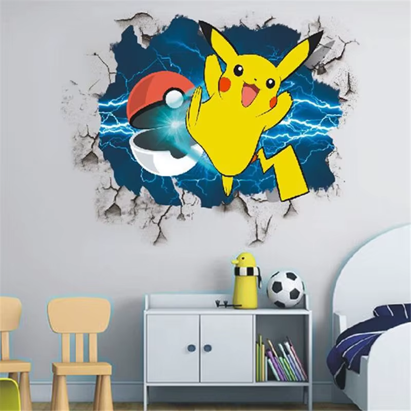 Autocollant Mural 3D Pikachu de Dessin Animé, Décoration pour Chambre d'Enfant, Salon, Affiche de Fi