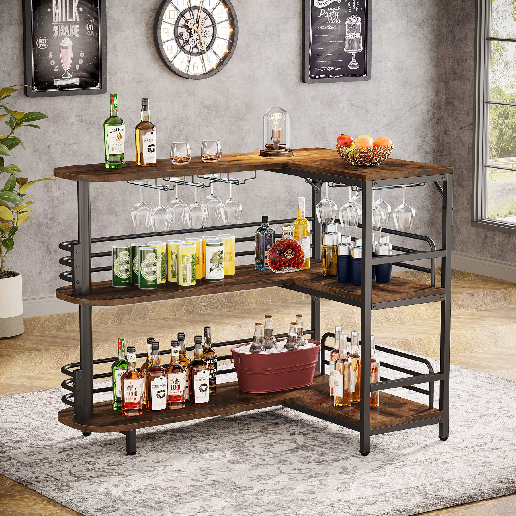 Tribesigns-Unité de bar à la maison en forme de L, table de bar française à 3 niveaux avec étagères 