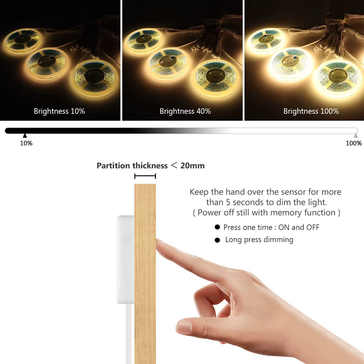 Lumière LED COB avec interrupteur à capteur tactile pour étagère de cuisine, gradation, mouvement de