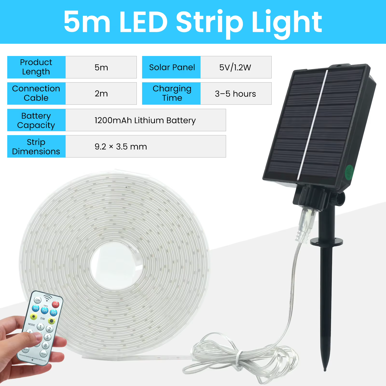 Bande lumineuse LED solaire étanche IP65, lumière chaude 3000K, 30m/20m/15m/10m, 5V, guirlande lumin