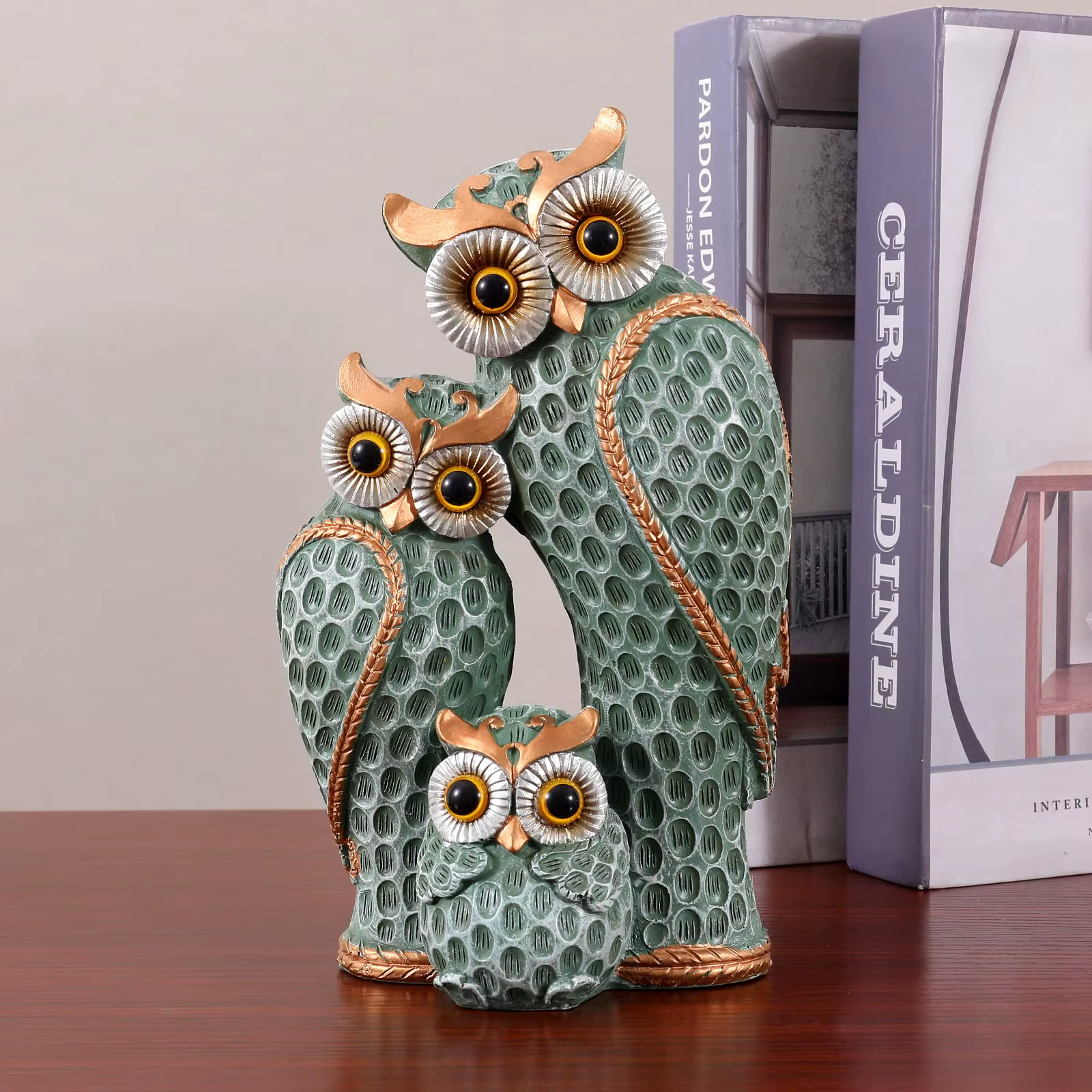 Famille de trois statues de hibou mignonnes, décoration de maison, statues de hibou sur étagères, dé