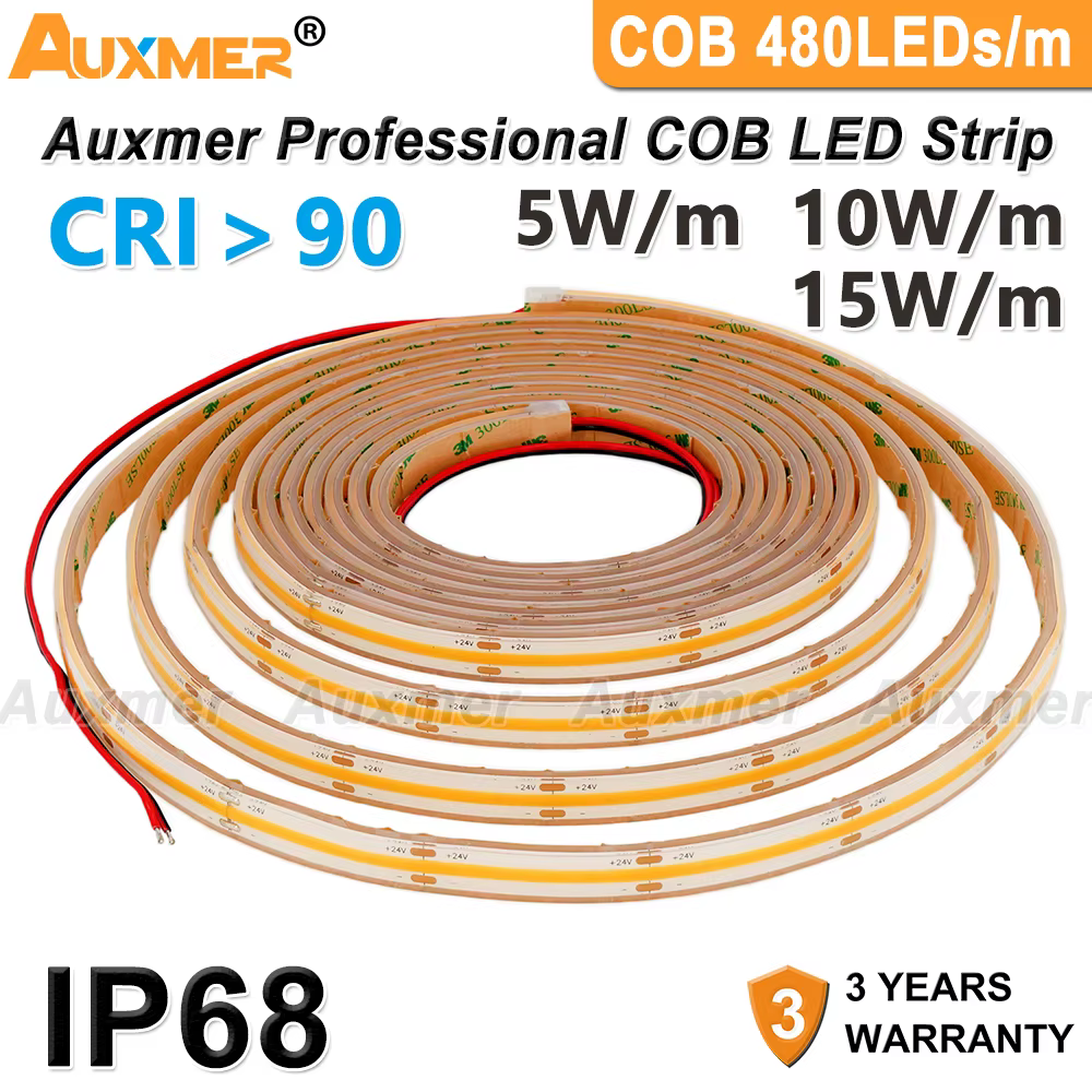 Bande lumineuse LED COB professionnelle 480 LED s/m DC12/24 V CRI90, IP68 étanche, ruban lumineux LE