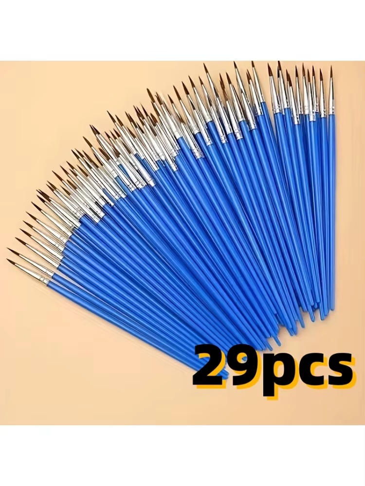 Ensemble de 29 pinceaux à peinture doux et lavables, manche en plastique bleu, poils en nylon brun,