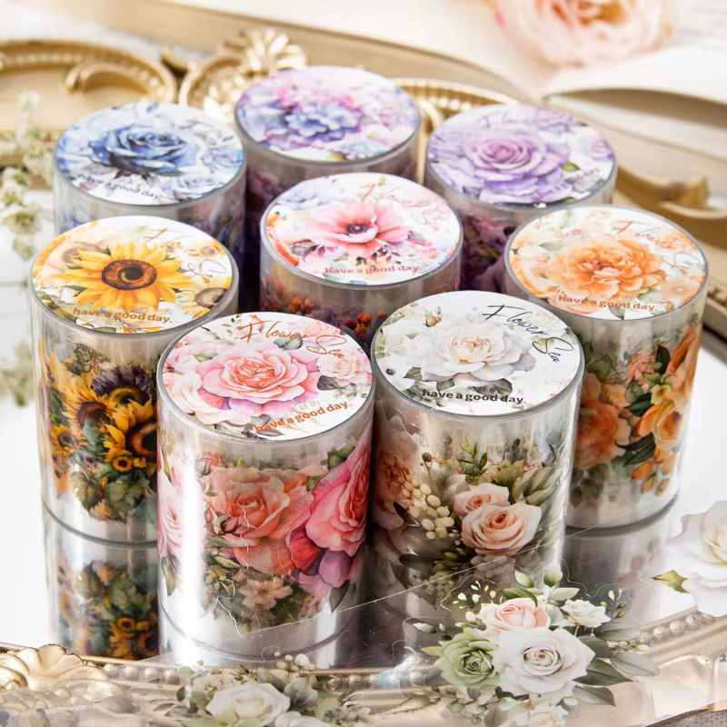 8 rouleaux/pack - Ensemble de rubans floraux - Ruban floral, autocollants floraux, tournesols, roses
