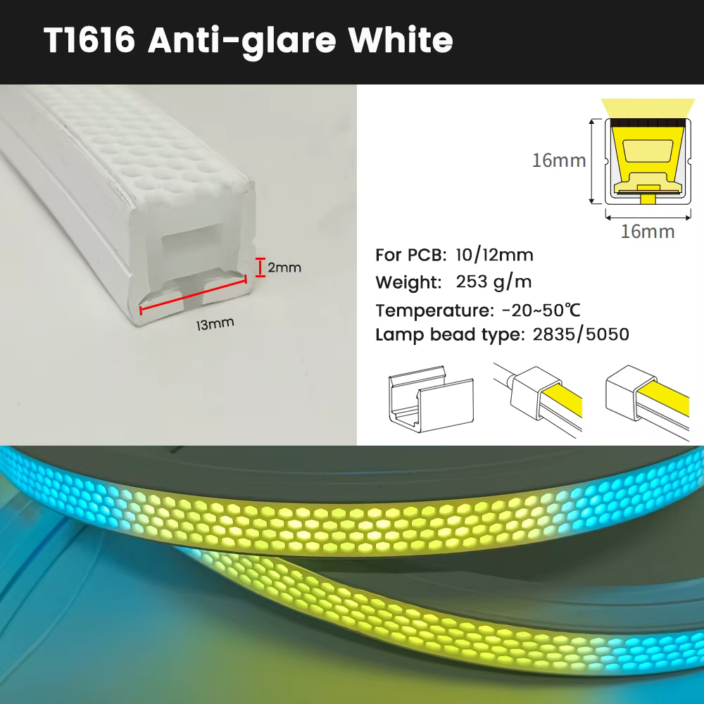 Bande lumineuse LED diffuseur Tube néon Anti-éblouissement IP67 étanche Flexible T1212 T1616 noir bl