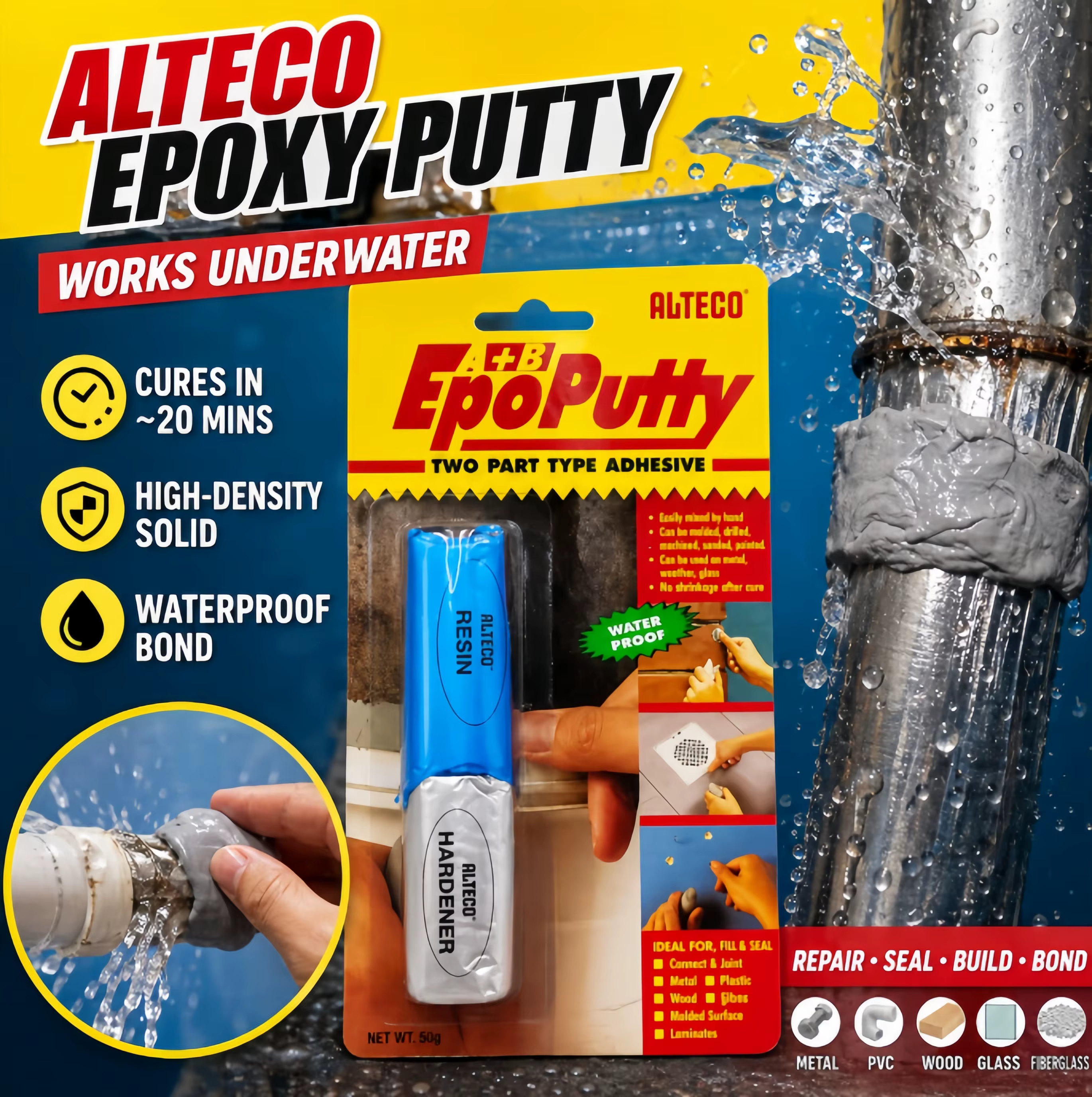 Mastic époxy ALTECO AB, étanche, argile de réparation puissante pour la réparation des fuites de tuy