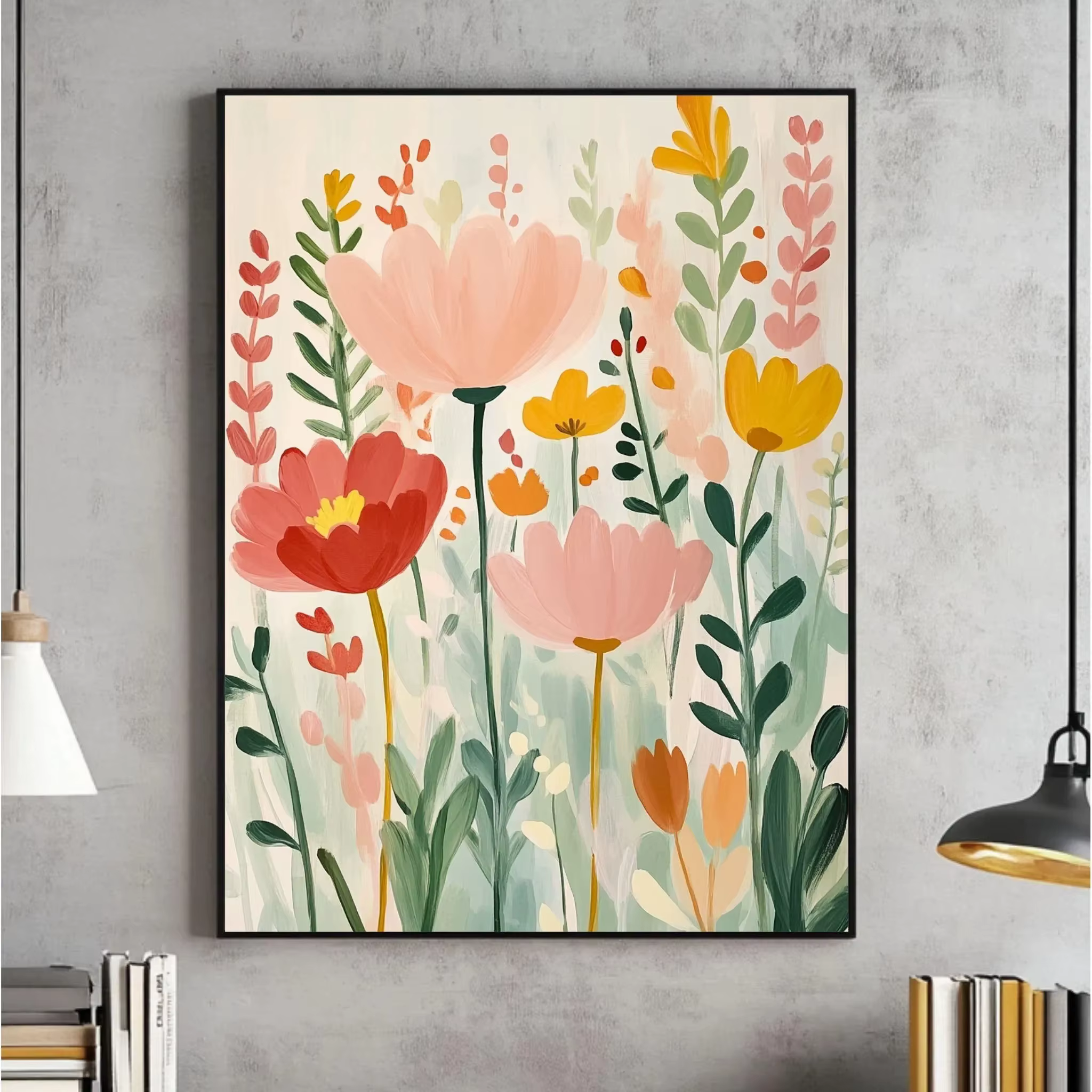 Art mural botanique abstrait aux fleurs lumineuses, affiche florale printanière, impressions moderne