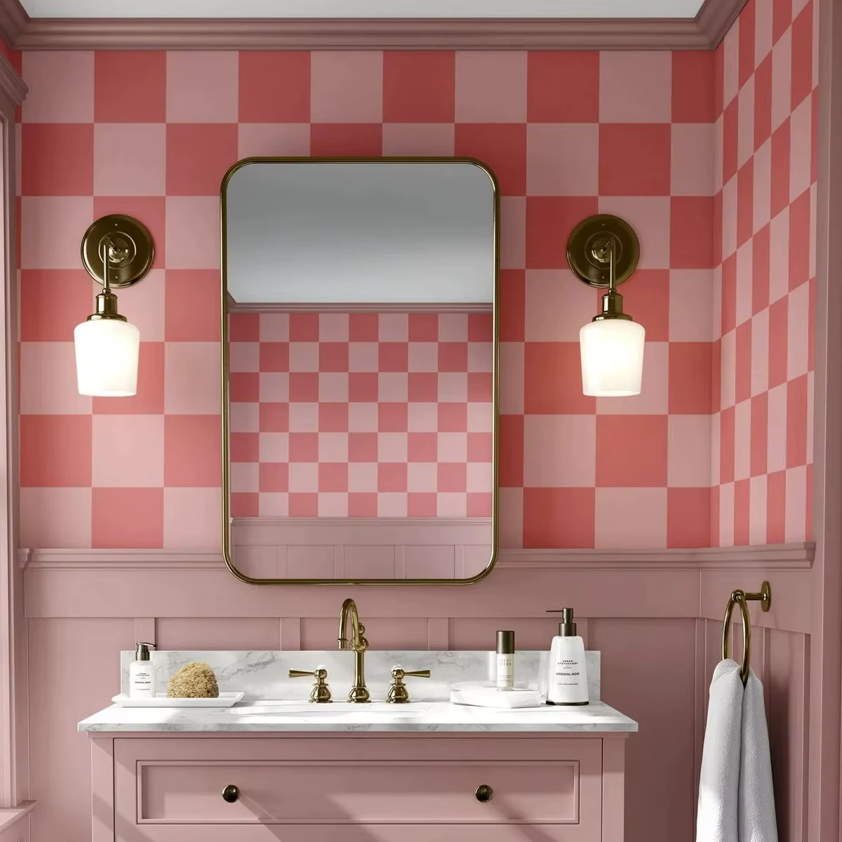 Papier peint moderne rose à carreaux surdimensionnés, mural auto-adhésif pour salle de bain, revêtem