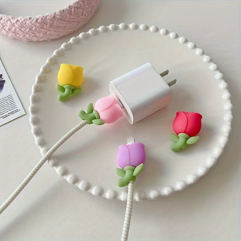 Protecteur de câble conçu en forme de fleur de tulipe, 4 pièces, protège et décorer le câble de donn