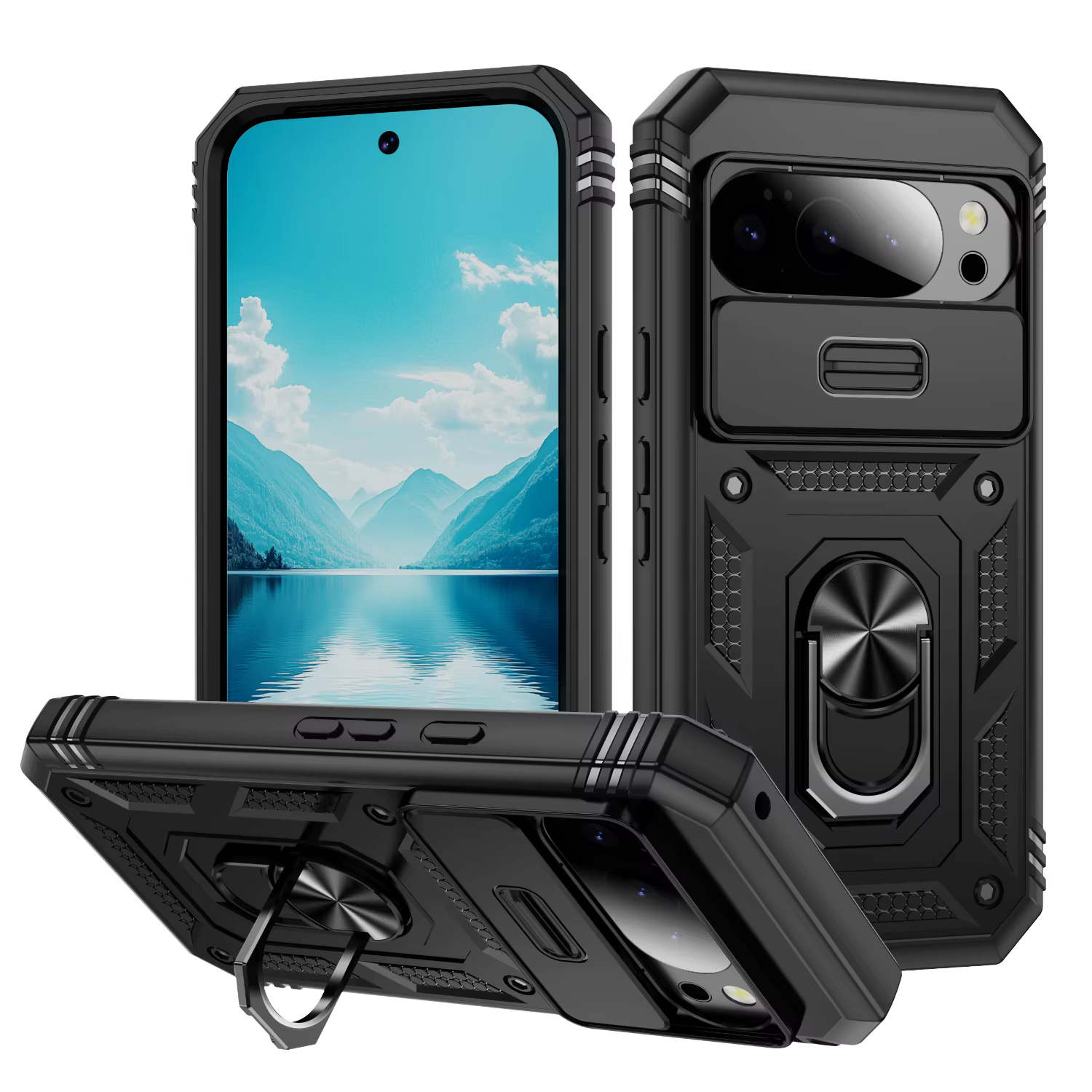 Coque de protection robuste avec béquille rotative à 360 degrés et protection coulissante pour appar
