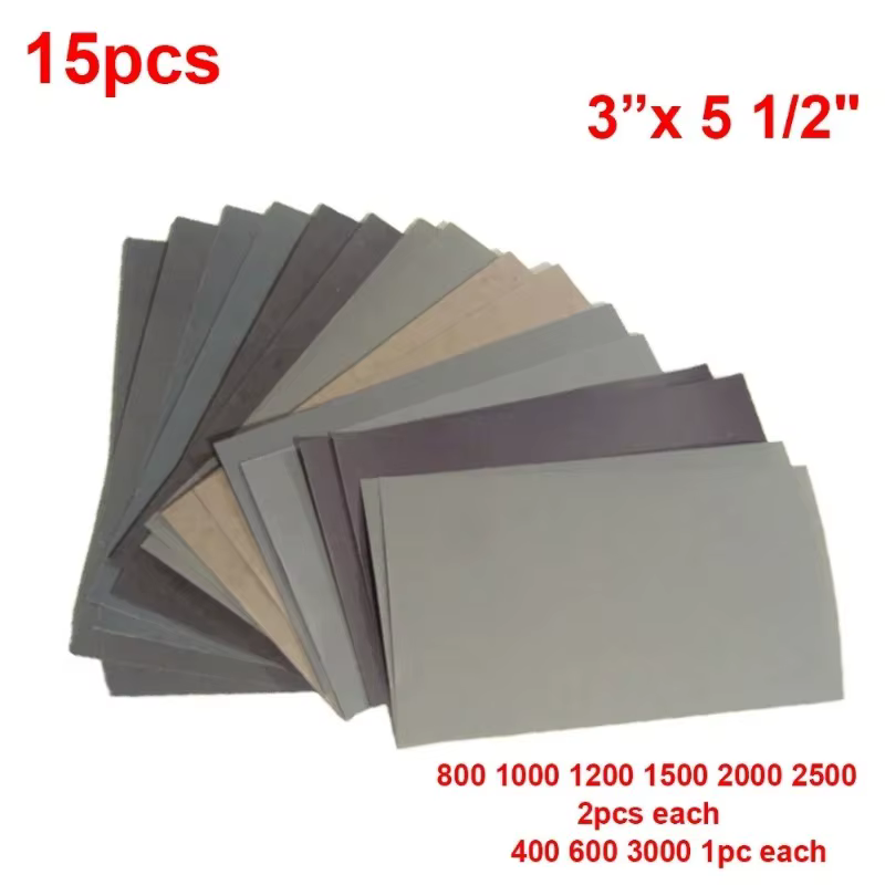 Papier abrasif 400 600 3000 800 1000 1200 1500 2000 2500 grains, lot de 15 pièces, pour ponçage à l'
