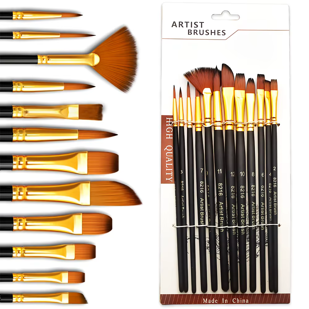 Ensemble de pinceaux de peinture professionnels pour artistes, 12 pièces, poils en nylon de qualité 