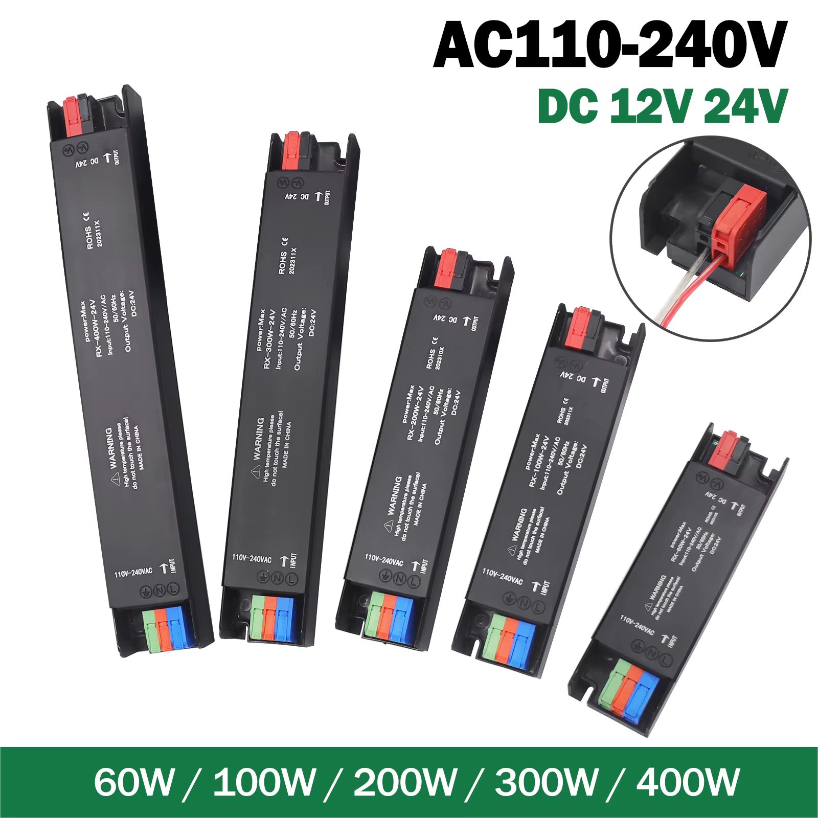 Alimentation électrique pour driver LED, AC 110-240V vers DC 12V/24V 60W/100W/200W/300W/400W, IP30, 