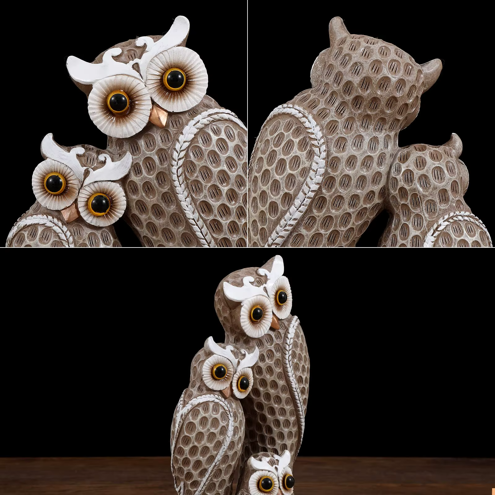 Famille de trois statues de hibou mignonnes, décoration de maison, statues de hibou sur étagères, dé