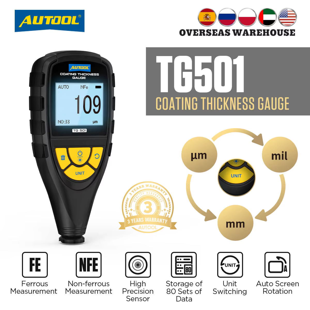 TG501 LCD jauge d'épaisseur de revêtement jauge d'épaisseur de peinture compteur de jauge de profond