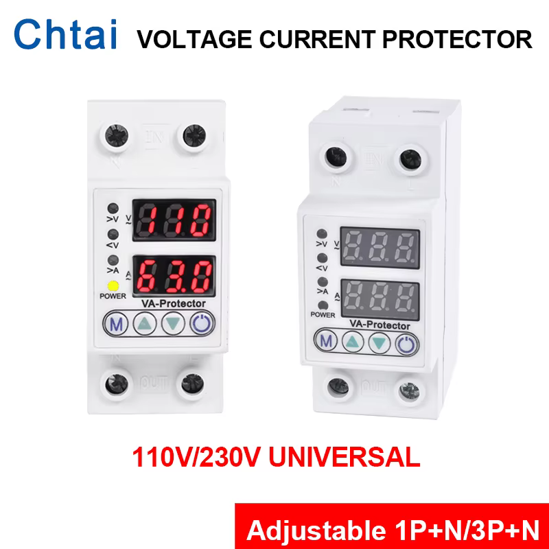Protecteur de tension numérique 110V 220V 1P + N 63A 3P + N 100A, 2 pôles sur Rail Din réglable, aff