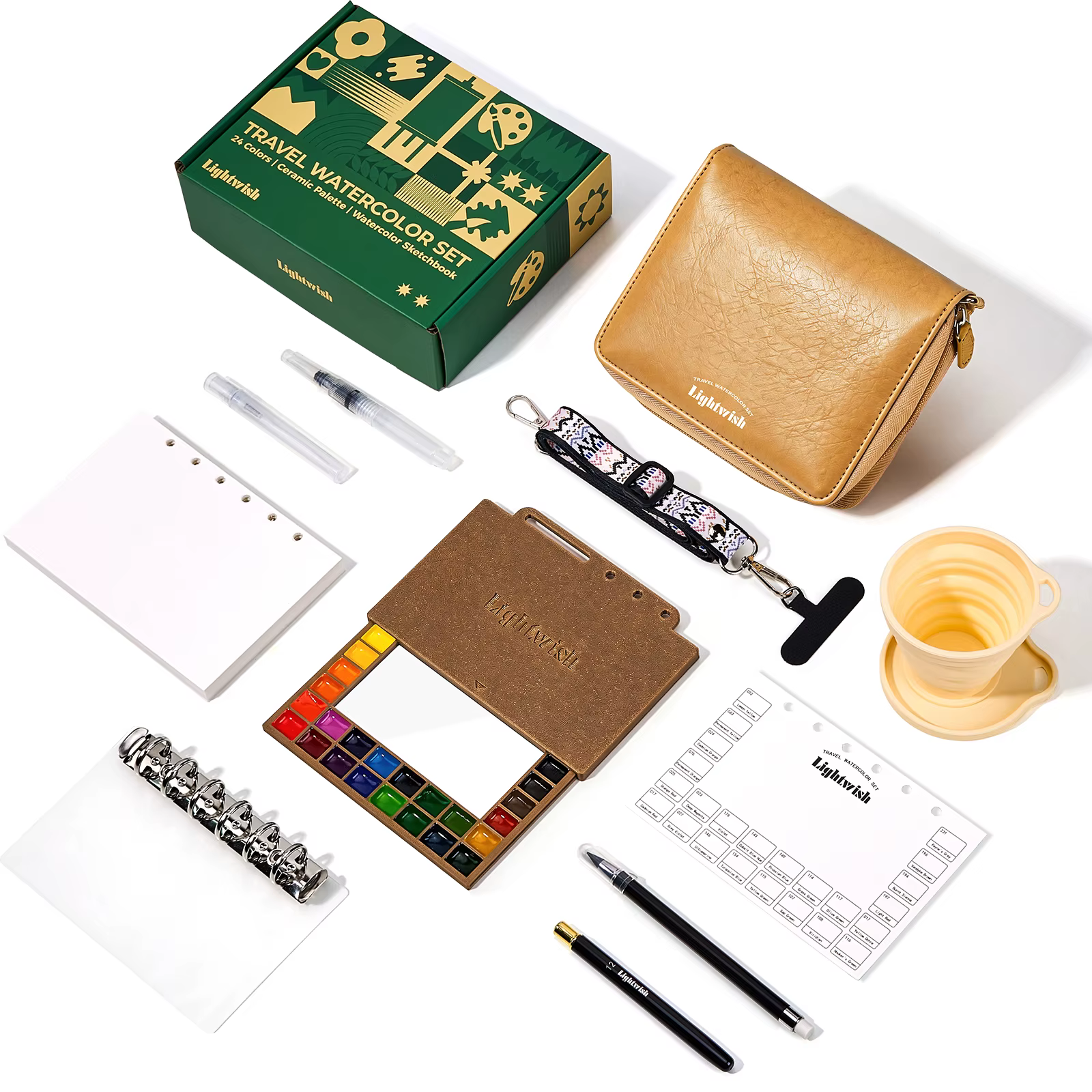 Ensemble de peinture à l'aquarelle LIGHTWISH, 24 couleurs, kit d'art compact avec palette en papier