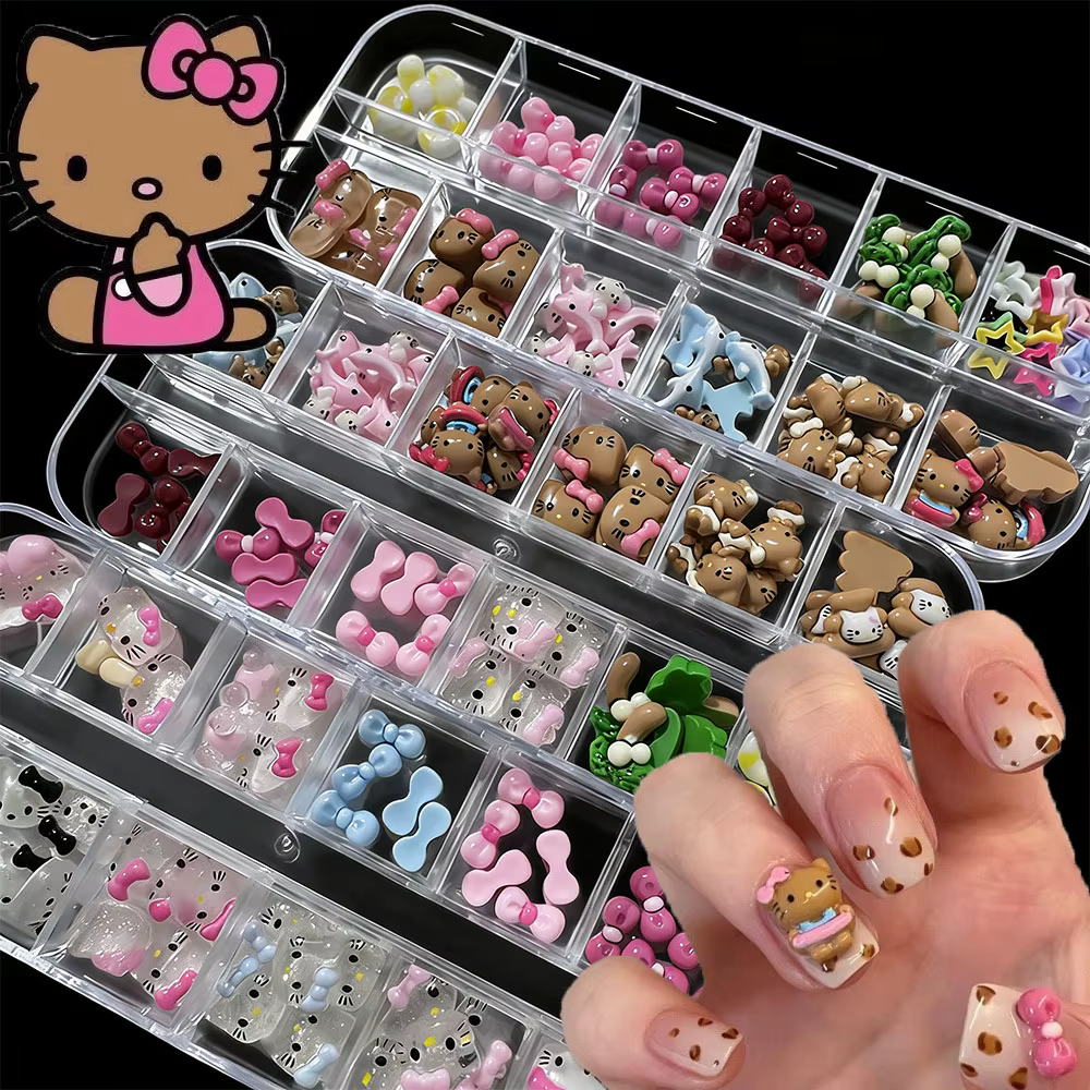 Boîte de 12 compartiments, Mini décorations d'ongles 3D Hello Kitty, Breloques pour nail art Y2K Haw