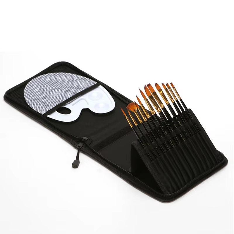Ensemble de pinceaux et Palette avec 12 pinceaux et sac en toile pour aquarelle, peinture acrylique à l'huile, 12 pièces