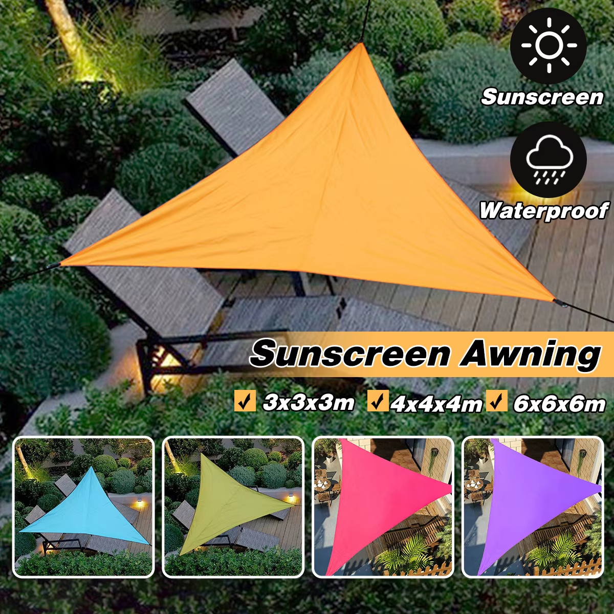 Voile d'ombrage triangulaire imperméable anti-UV pour patio, jardin, cour, piscine, abri de voiture, 3x3x3m 4x4x4m 6x6x6m