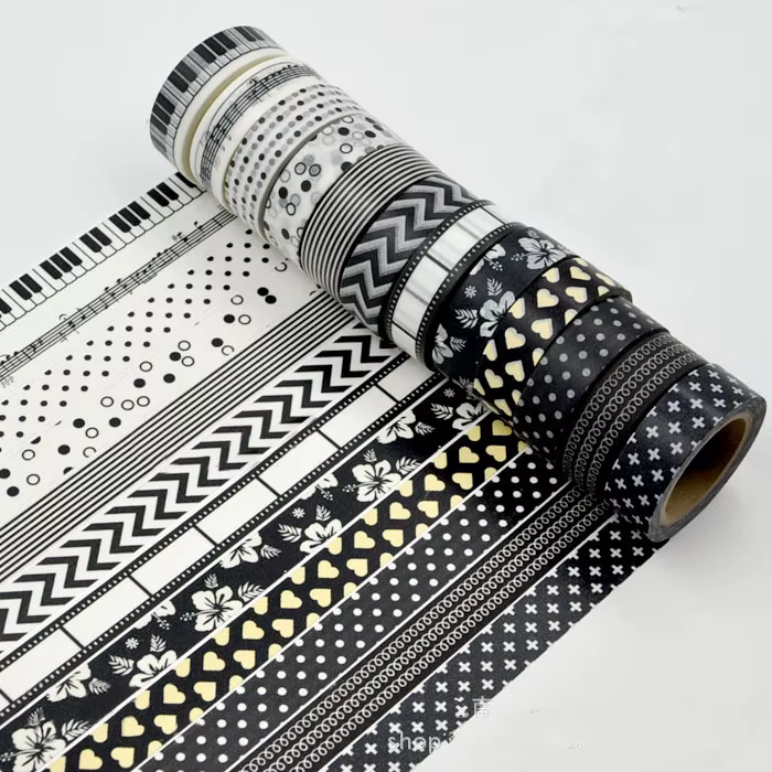1 rouleau de ruban adhésif japonais Washi noir et blanc