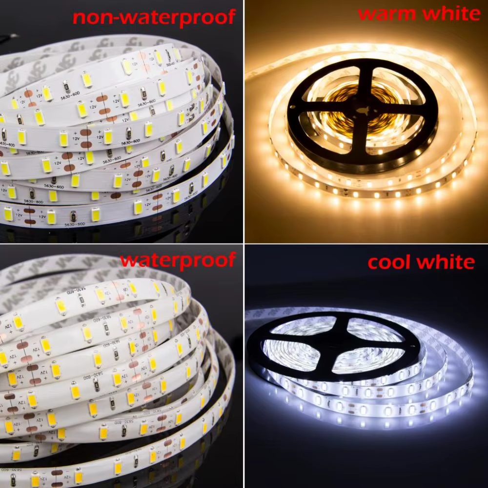 Bande lumineuse LED étanche, bande flexible, blanc naturel, blanc froid, blanc chaud, rouge, vert, bleu, 5630, 5730, 4000, 12V, 5m, 3000K, 6500K