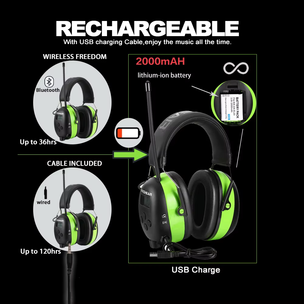 Casque Bluetooth de protection auditive, cache-oreilles électroniques avec radio AM/FM 5.0 pour la sécurité lors de la tonte, batterie au lithium 2000 mAh