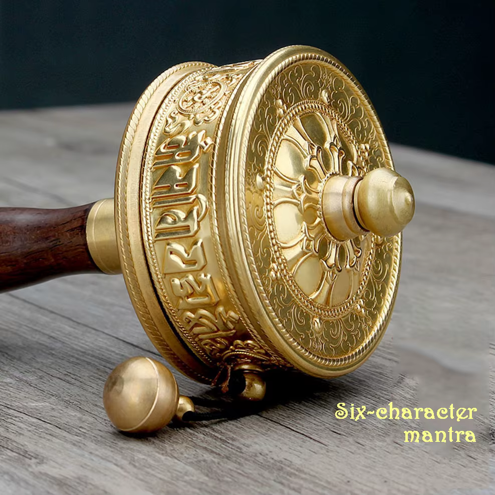 Roue de prière tibétaine à manivelle en cuivre pur, mantra à six rick, fournitures bouddhistes, ustensiles en bronze pour le dharma