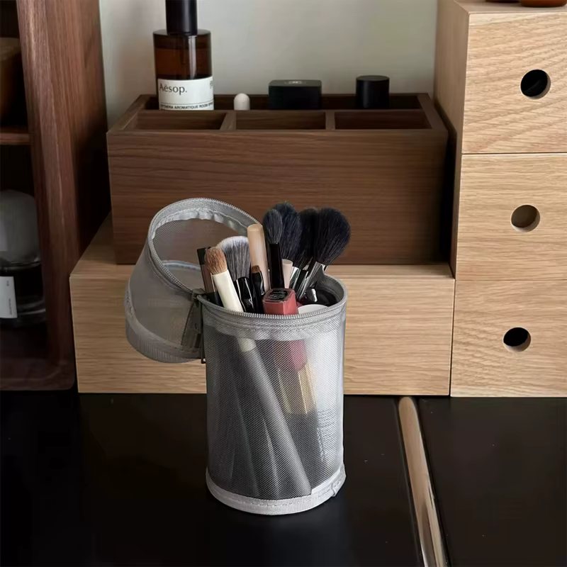 Sac de rangement portable en maille pour pinceaux de maquillage, double usage, grande capacité, support vertical, pochette de voyage pour cosmétiques