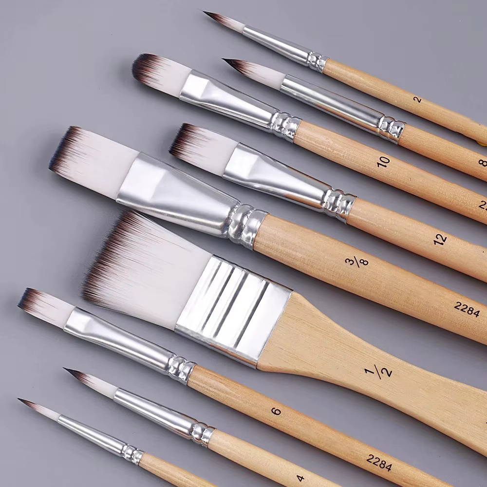 Ensemble de pinceaux pour débutants, 9 pièces, poils en Nylon pour toile, aquarelle, peinture à l'huile acrylique, outils de peinture d'artiste