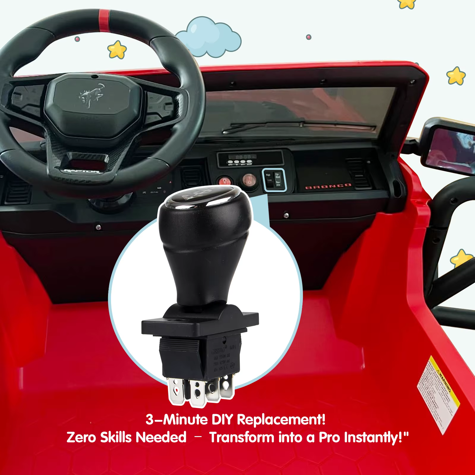 Levier de vitesse pour voitures électriques pour enfants | Commutateur D/R/P (avant et arrière) | Installation en 3 minutes | Convient à 90 % des modèles de véhicules