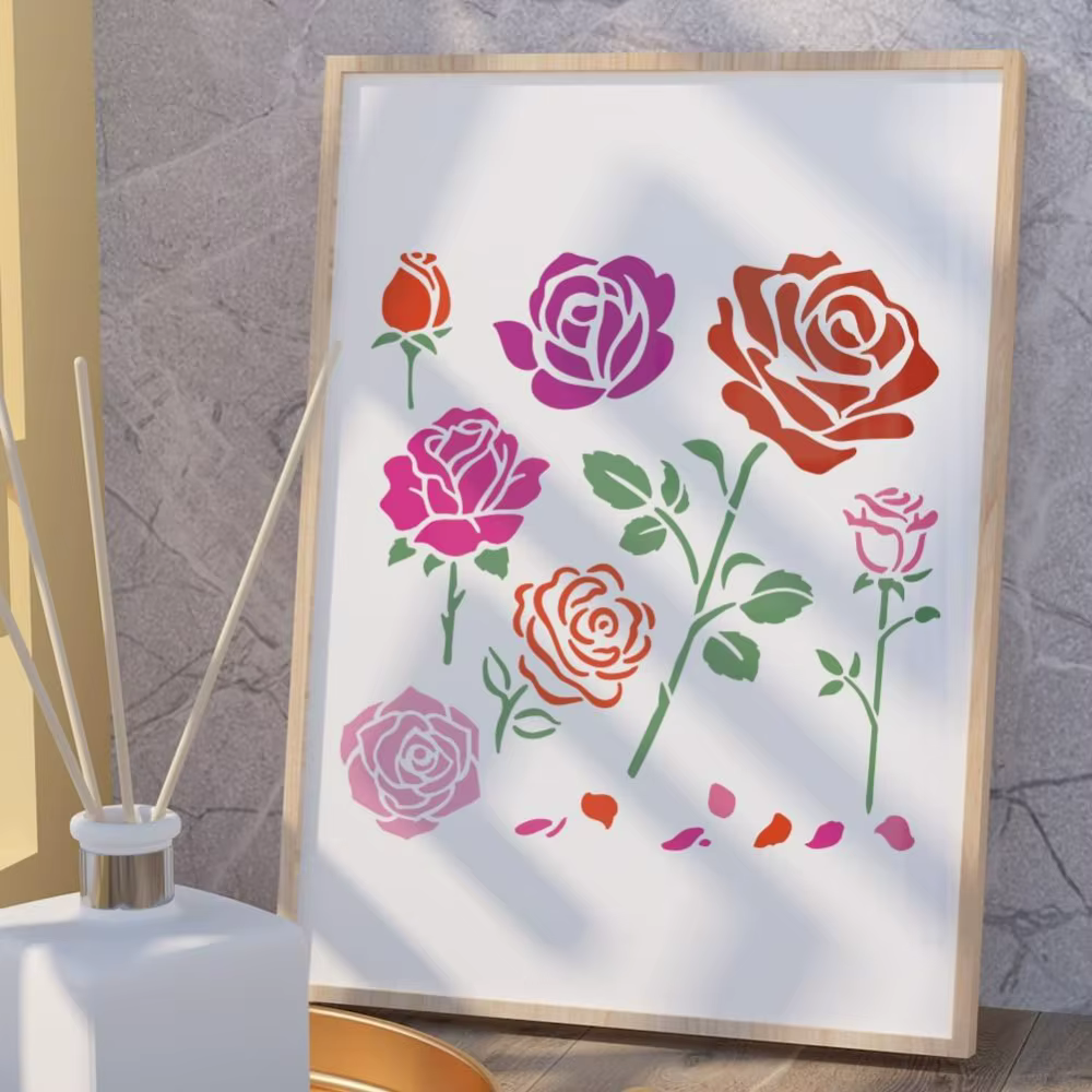 Modèle de pochoir mural de fleurs de roses de printemps
