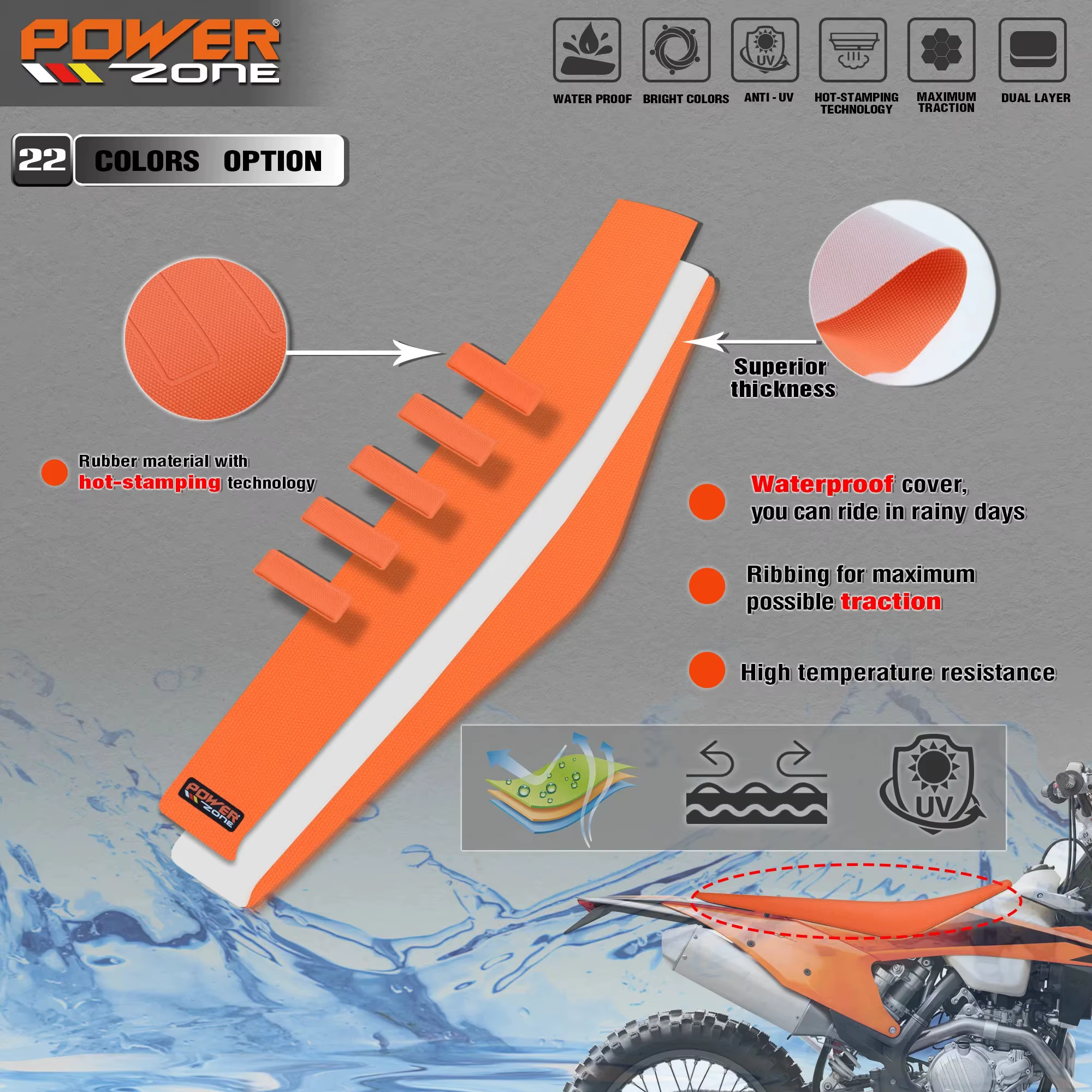 Powerzone – housse de siège à pince nervurée, ensemble étanche, Protection antidérapante bouleversée, pour SXF EXC KXF CRF YZF WR TC TE