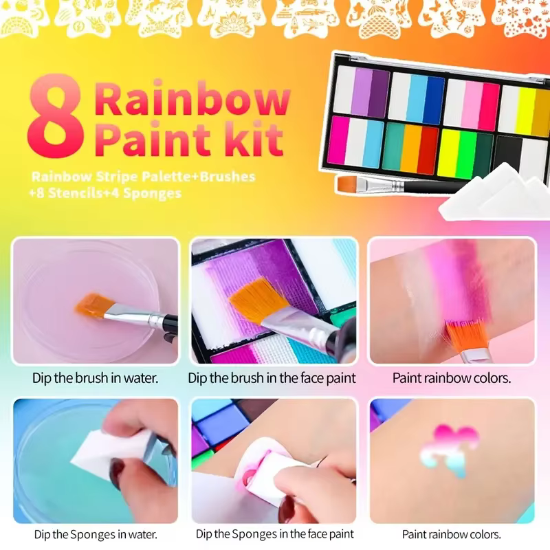 Palette de peinture à rayures arc-en-ciel avec pinceaux